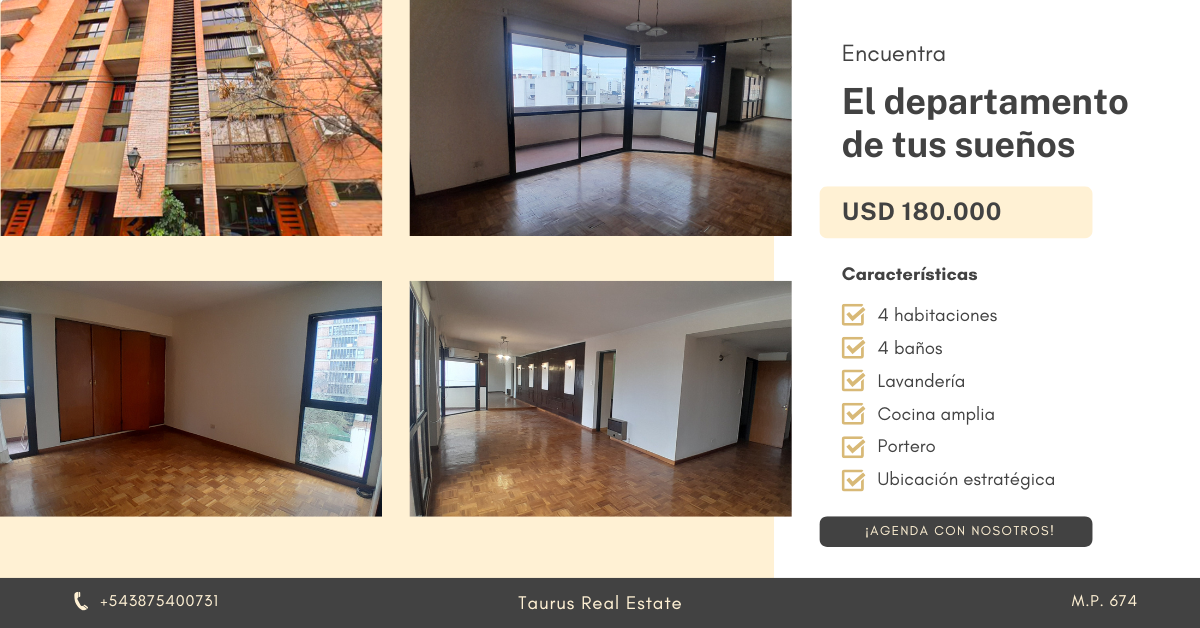 Departamento en Salta, Centro - 4 Habitaciones y 2 Balcones, con Cochera - USD 180.000
